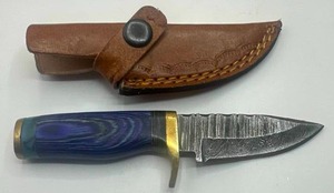 New 6 Damascus Steel Knife with Double Stitch Leather Sheath