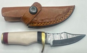 New 6 Damascus Steel Knife with Double Stitch Leather Sheath