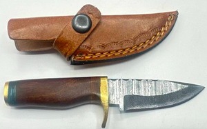 New 6 Damascus Steel Knife with Double Stitch Leather Sheath