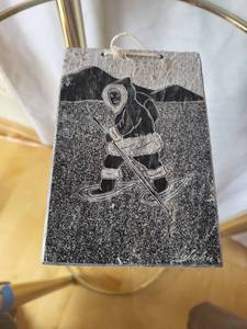lot 190 image: Inuit Stone Art Plaque Snowshoeing