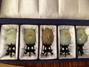 lot 58 image: Carved Green Jade Egg with Stand