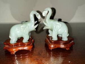lot 143 image: Jade Elephant Figurines on Wood Base