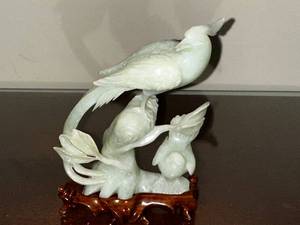 lot 146 image: Jade Bird Sculpture on Wooden Stand