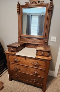 lot 38 image: Antique Wooden Dresser with Mirror Measuring 39 W x 76 H