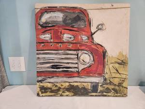 lot 43 image: Vintage Red Truck Canvas Art Signed