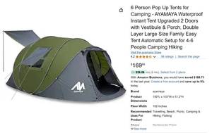 lot 154 image: AYAMAYA Double Layer Waterproof Instant Tent with Vestibule & Porch, Large Size Family Tent Automatic Setup for 4-6 People Camping Hiking (Poles Included)