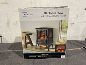 lot 114 image: Mainstays  2-Setting 3D Electric Stove Heater with Life-like Flame, Black