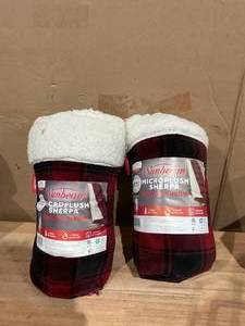 lot 372 image: LOT OF 2 Sunbeam Throw Red & Black Buffalo Plaid Microplush Sherpa (Faux Shearling), 4 Heat Settings, 4-Hour Auto Shut-Off, Electric Heated Blanket, 50 x 60