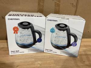 lot 387 image: LOT OF 2 Chefman 1L Electric Glass Kettle w LED Indicator Light, Automatic Shutoff