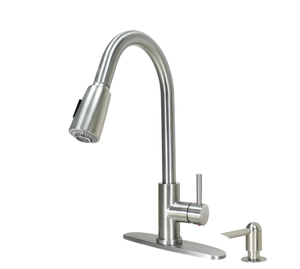 lot 104 image: Better Homes & Gardens Elmont Pull Down Kitchen Faucet with Soap Dispenser, Satin Nickel