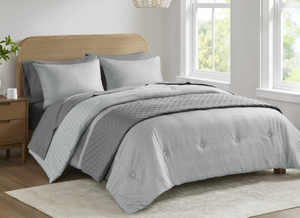 lot 107 image: Mainstays 8-Piece Reversible Bed in a Bag Comforter Set with Sheets, Grey, King, All Ages, Unisex