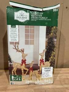 lot 410 image: 3PCS Holiday Time Light-Up 3D Glitter Deer Family with 210 Warm White LED Christmas Lights