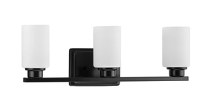 lot 284 image: Avec Zachary Collection Farmhouse 3-Light Matte Black Vanity Light with White Glass Shades