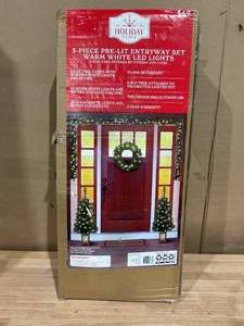 lot 448 image: 5-Piece Prelit Artificial Christmas Tree Entryway Set with Warm White LED Lights, by Holiday Time