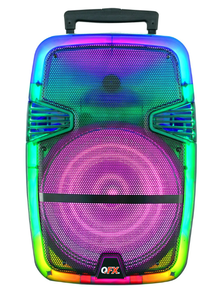 lot 80 image: QFX Wireless Bluetooth Rechargeable Portable Speaker with Party Lights, Multicolor, TMS-1560