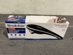 lot 210 image: Brookstone Handheld Percussion Body Massager, 4 Vibration Modes, 5 Interchangeable Heads