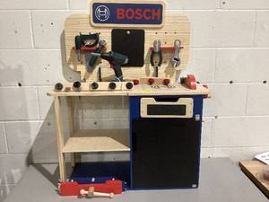 lot 489 image: Bosch Wooden Toy Workbench Set with Accessories, 39 pcs