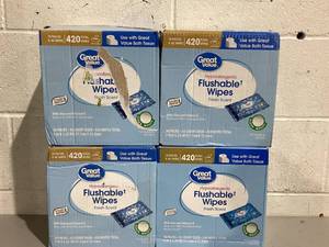 lot 587 image: LOT OF 4 Great Value Fresh Scent Flushable Wipes, 10 Resealable Packs, 420 Total Wipes