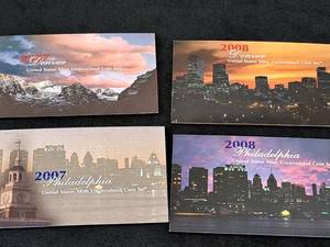 lot 214 image: U.S. Mint Uncirculated Coin Sets -  2007 Philadelphia Mint 14-pc, 2007 Denver Mint 14-pc, 2008 Philadelphia Mint 14-pc, 2008 Denver Mint 14-pc
