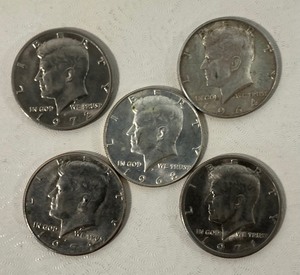 Five Kennedy Half Dollars in Circulated Condition 1964,1968,1971,1972,1974