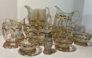 lot 62 image: Antique EAPG Pattern Glass Klondike Amber & Frosted Water Pitcher Amberette and Glass Lot