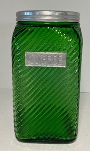 lot 87 image: Vintage Green Swirl Hoosier Glass Coffee Canister Green Depression Glass Metal Lid