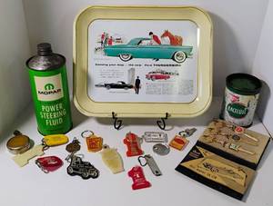lot 118 image: 1976 Reproduction Ford Thunderbird 1950s Metal Tray and Vintage Car ItemsKey Blanks