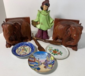 lot 107 image: Wood Carved Elephant Bookends and Asian Figurine and Collectibles