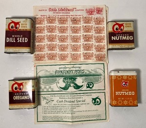 lot 119 image: Vintage Red Owl Spice Tins and Vintage Promo CouponsStamps