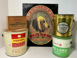 lot 125 image: Vintage Ham Sign T.M. Sinclair & Co. Fidelity Sugar Cured Hams from Cedar Rapids, Iowa