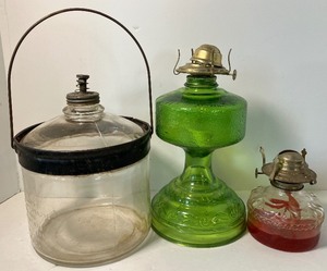 lot 127 image: Vintage Kerosene Lamp and Glass Kerosene Jug