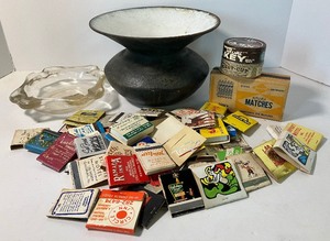 lot 132 image: Enamel Spittoon and Vintage Lot of Matchbooks