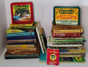 lot 131 image: Large Lot of Vintage Books and New in Box Tin of Crayons Crayola
