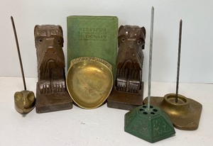 lot 149 image: Brass Receipt Holders and Coin Tray, Bookends Iron Receipt Holder