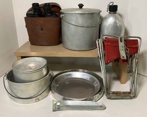 lot 163 image: Vintage Camping Lot, Binoculars, Fishing Stool, Cookware