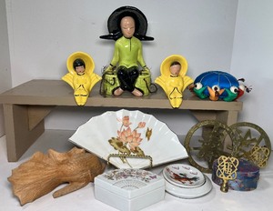 lot 174 image: Vintage Asian Decor Water Carrier Planter, Wall Pockets, Trinkets
