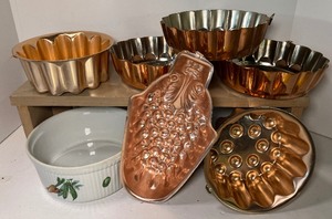 lot 183 image: Lot of Copper Molds and APIL CO France Porcelain Dish