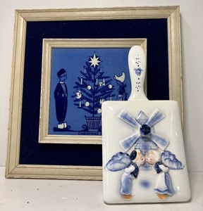 lot 185 image: Royal Delft Framed Christmas Tile and Enesco Kissing Dutch Kids Covered Dish
