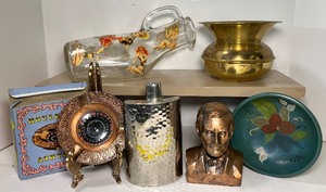 lot 186 image: Vintage Brass Spittoon, Ashtray and Bank Lot Souvenir Roulette Wheel Ashtray