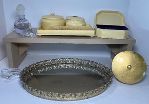 lot 188 image: Vintage Vanity Lot Mirror, Vintage French Ivory Vanity Set Celluloid, Blown Glass Perfume Bottle with Stopper