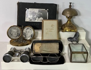 lot 198 image: Antique Eyeglasses, Frames with Vintage Pictures and VINTAGE HOTEL DESK BELL FANCY BRASS BELL