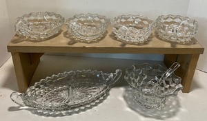 lot 213 image: Vintage AMERICAN FOSTORIA Crystal Triangular Nappy Bowsl with Handle, Relish and Condiment Dish with Spoon