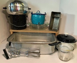 lot 219 image: Vintage Kitchen Pots Pans Enamelware Graniteware Egg Beater Starburst Loaf Pan