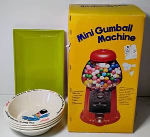 lot 209 image: Miniature Cast Iron Gumball Machine and Kelloggs Cereal Bowls