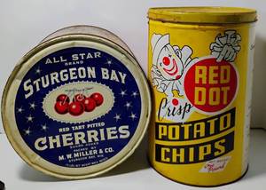 lot 204 image: Red Dot Potato Chip Tin and Sturgeon Bay Cherries Tin Vintage