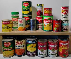 lot 208 image: Lot of Vintage Unopened, Empty Grocery Canned Goods