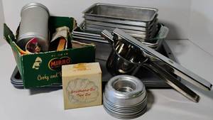 lot 216 image: Vintage Kitchen Lot Molds, Cookie Press, Bread Pans