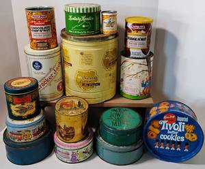 lot 218 image: Vintage Snack Tin Lot Cookies, Cracker Jack, Popcorn, Schwans Ice Cream