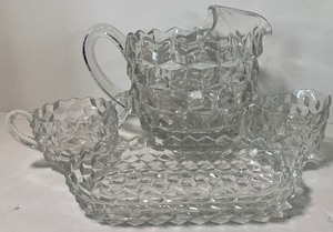 lot 228 image: Clear American Glass Fostoria Pitcher, Cream and Sugar