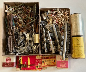 lot 230 image: Large Lot of Vintage Hair Care Items Antique Perm Rods Henna Canisters Clips